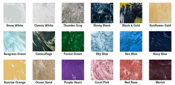A color swatch grid showing multiple stone and material finishes labeled with names such as Snow White, Classic White, Thunder Gray, Ebony Black, Black & Gold, Sunflower Gold, Seagrass Green, Camouflage, Forest Green, Sky Blue, Navy Blue, Sunrise Orange, Ocean Sand, Purple Heart, Coral Pink, Red Rose, Merlot, White Granite, Lavender Granite, Gray Granite, Black Granite, Green Granite, and Blue Granite.
