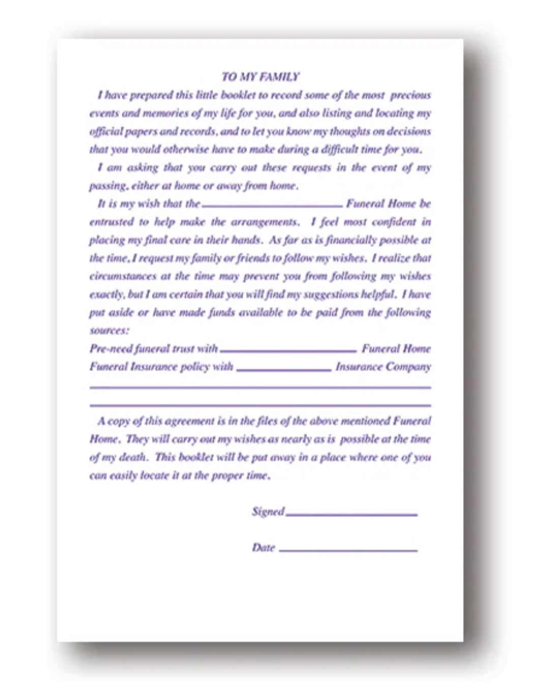 Pre-Need Funeral Booklet