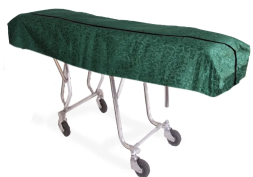 Green floral-patterned coffin cover on a metal stretcher against a white background. cot cover with zipper, pretty pattern