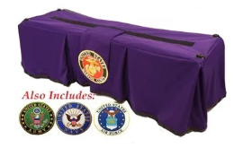 Purple table cover with embroidered military logos on a white background church truck drape